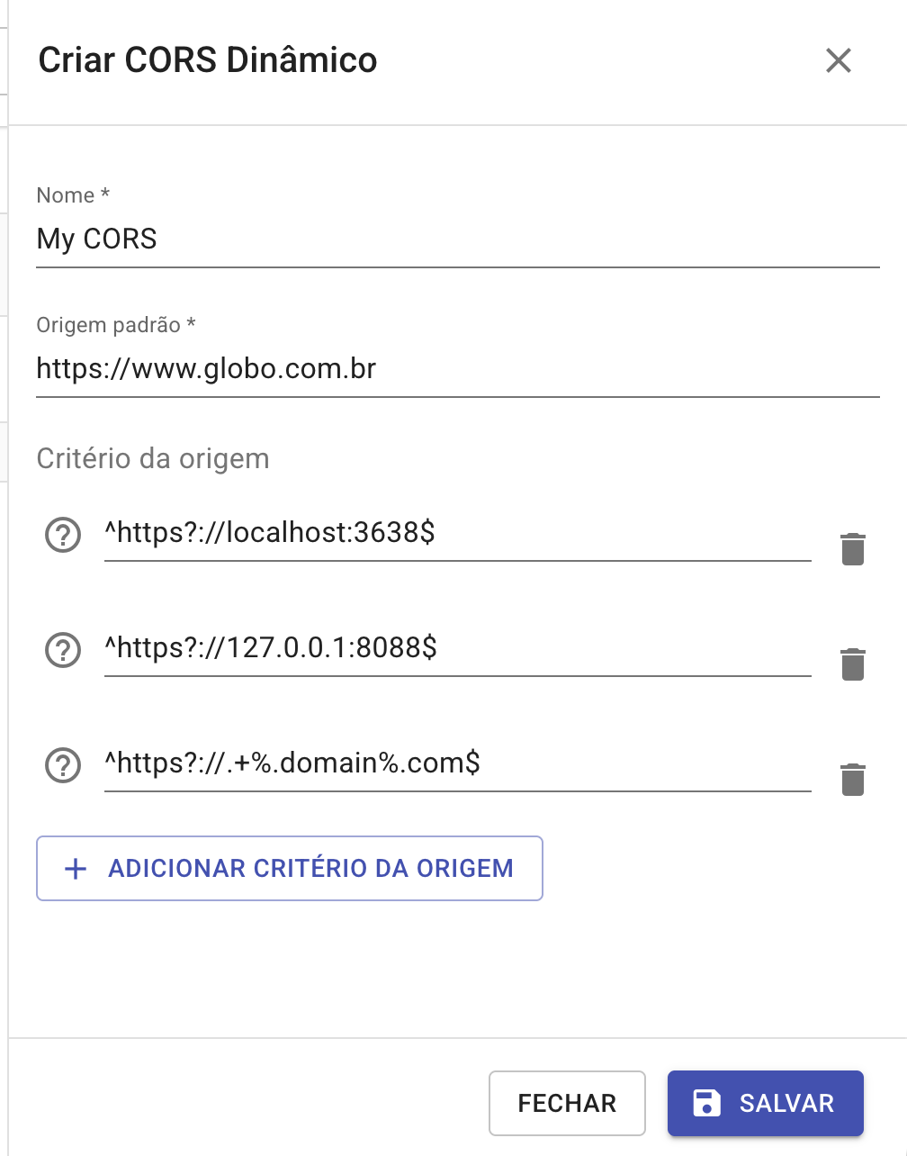 cadastro/edição de CORS cadastro/edição de CORS