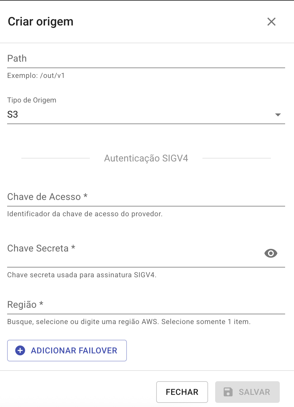 Modal de cadastro/edição do Grupo de Origem tipo de origem S3 Modal de cadastro/edição do Grupo de Origem com tipo de origem S3